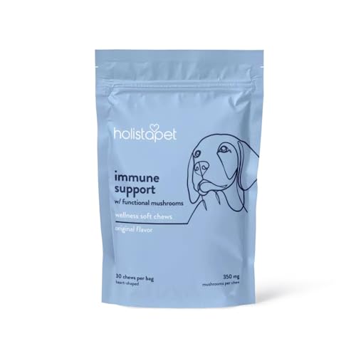 HolistaPet Immune Support with Functional Mushrooms, Soft Dog Chew Treat Supplement, Organic Chews to Support Hip, Joint, Heart, Gut & Physical Performance with Vitamin C (30ct Natural Flavor)