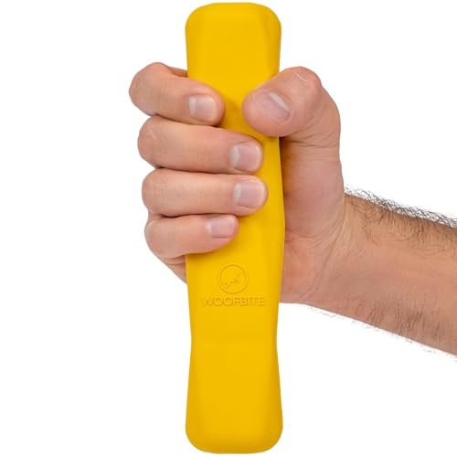 WoofBite Indestructible Chew Stick - Lifetime Replacement - Aggressive Chewers, Medium Large Breed - Non-Toxic Natural Rubber Dog Toys - Yellow (Highly Visible Color for Dogs) - Tug & Fetch - 8x1....