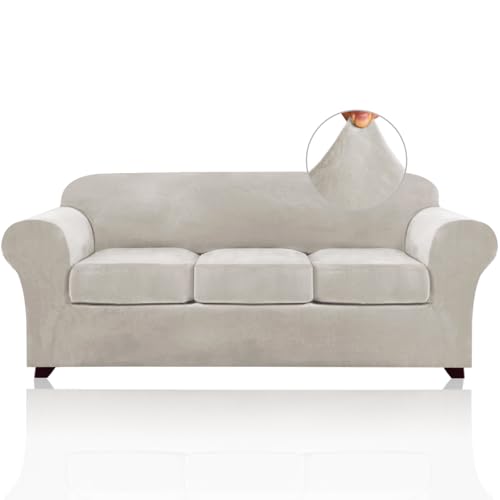 PrinceDeco Velvet Couch Covers for Sofa Soft 4 Pieces Couch Covers for 3 Cushion Couch Sofa Pet Friendly Furniture Protector with Non Slip Elastic Bottom Width Up to 90 Inch(Large, Oatmeal)