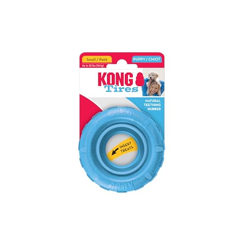 KONG Puppy Tires - Dog Chew Toy for Puppies - Stuffable Dog Toy for Treats & Snacks - Natural Rubber Chew Toy for Teething Puppy - for Small Puppies - Randomly Provided Color