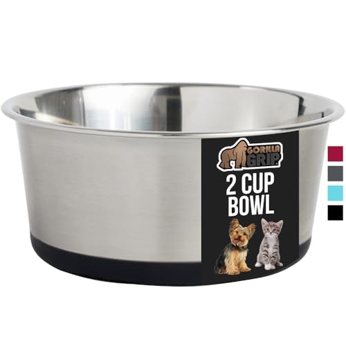 GORILLA GRIP Stainless Steel Metal Dog Bowl, Rubber Base, Heavy Duty Feeding Dish, Food Grade BPA Free, Less Sliding, Quiet Pet Bowl for Cats and Dogs, Holds 2 Cups (16 fl oz), Black