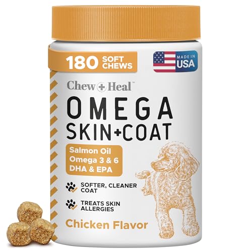 Salmon Oil for Dogs - 180 Soft Chew Omega Treats for Skin and Coat - Fish Oil Blend of Essential Fatty Acids, Omega 3 and 6, Vitamins, Antioxidants and Minerals - Made in USA