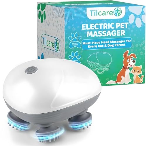 Tilcare Handheld Pet Massager for Dogs and Cats Electric Cat and Dog Massage Tool - Head and Back Scratcher for Relieving Tension, Tight Muscles and Stiffness with Four Rotating Massage Heads