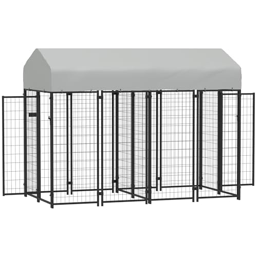 PawHut Outdoor Dog Kennel with 2 Rooms, 8' x 4' x 6' Heavy Duty Welded Wire Dog Playpen Enclosure with Escape-Proof Lock, UV-Resistant & Waterproof Cover, for Large Dogs, Silver