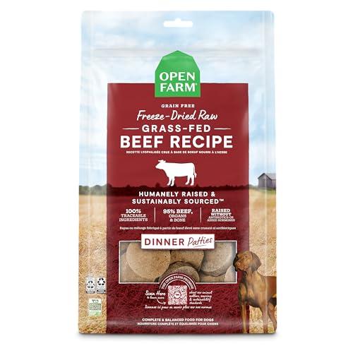 Open Farm Freeze Dried Raw Patties for Dogs, Humanely Raised Meat Recipe with Non-GMO Superfoods and No Artificial Flavors or Preservatives, Grass Fed Beef Recipe, 10.5oz