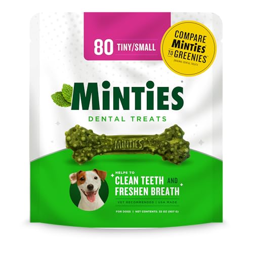 Minties Dental Chews for Dogs, 80 Count, Vet-Recommended Mint-Flavored Treats for Tiny/Small Dogs 5-24 lbs, Dental Bones Clean Teeth, Fight Bad Breath, and Removes Plaque and Tartar