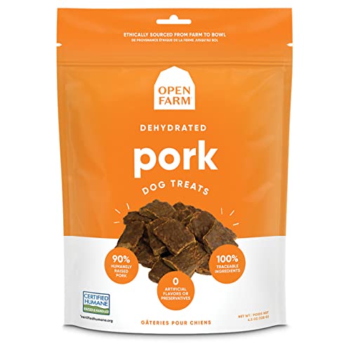 Open Farm, Dehydrated Dog Treats, High Protein & Low Carbohydrate Dog Snacks, Chewy Texture, Made with Ethically & Sustainably Sourced Ingredients, Pork Recipe, 4.5oz Pouch