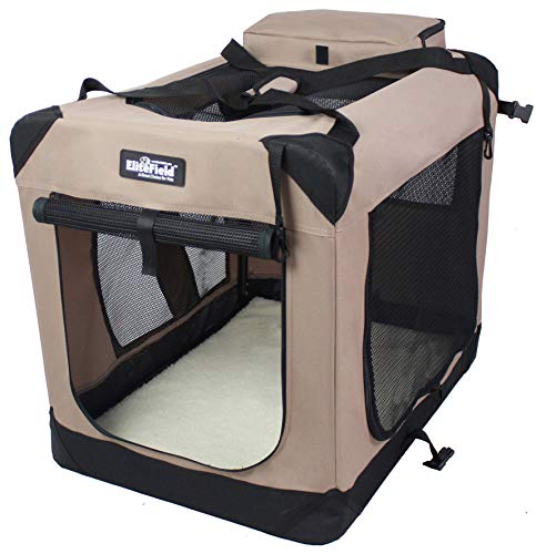 EliteField 3-Door Folding Soft Dog Crate with Carrying Bag and Fleece Bed (2 Year Warranty), Indoor & Outdoor Pet Home (42" L x 28" W x 32" H, Khaki)