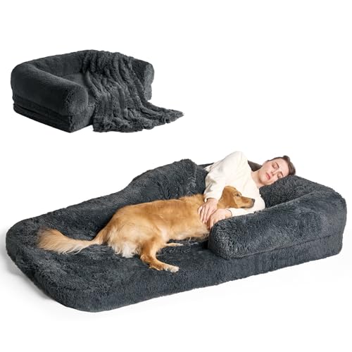 EHEYCIGA Foldable Human Dog Bed, Orthopedic Memory Foam Human Sized Dog Bed, Waterproof Pet Bed for People, Faux Fur Pet Couch for Adult, Dark Grey, 72"x44"x11"