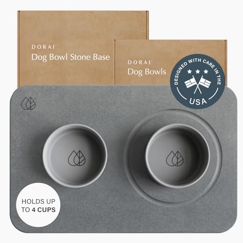Dorai Home Ceramic Dog Bowls with Stone Drying Mat Diatomaceous Earth Stone Mat with Non-Slip Base, Quick-Drying Pet Bowl Set for Medium Dogs, Ceramic Dog Water Bowl & Food Dish Set (23.6" x ...