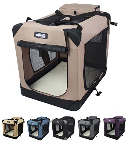 EliteField 3-Door Folding Soft Dog Crate with Carrying Bag and Fleece Bed (2 Year Warranty), Indoor & Outdoor Pet Home (24" L x 18" W x 21" H, Khaki)