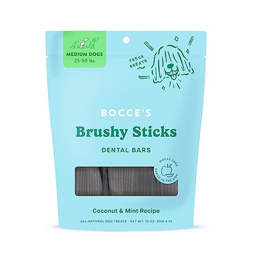 Bocce's Bakery Dailies Brushy Sticks to Support Oral Health & Fresh Breath, Wheat-Free Dental Bars for Dogs, Made with Real Ingredients, Baked in The USA, All-Natural Coconut & Mint, Medi...