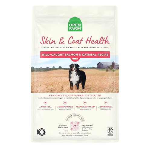 Open Farm, Skin & Coat Health Dog Food, Veterinarian Formulated Kibble with Salmon Oil and Vitamin E to Support Healthy Skin & A Shiny Coat, Wild-Caught Salmon & Oatmeal Recipe, 22lb Bag