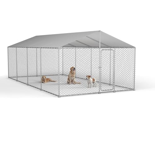 20x10 ft Outdoor Dog Kennel Outside with Waterproof UV-Resistant Cover, Heavy Duty Dog Enclosure House with Steel Fence and Secure Lock for Dogs