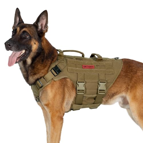 OneTigris Large Tactical Dog Harness, No Pulling Adjustable Dog Vest Harness, Heavy Duty Dog Harness with Handle, Large Hook and Loop Panels for Patch Brown