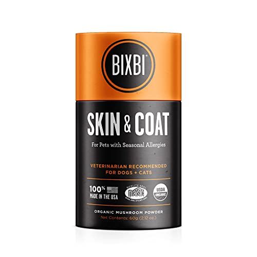 BIXBI Dog & Cat Skin & Coat Support, 2.12 oz (60 g) - All Natural Organic Pet Superfood - Daily Mushroom Powder Supplement - USA Grown & USA Made - Veterinarian Recommended for Dogs & ...