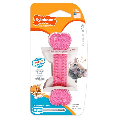 Nylabone Textured Teething Bone Chew Toy for Puppies, Puppy Chewing Toys, Pink, Chicken Flavor, X-Small - Up to 15 Ibs, 1 Count