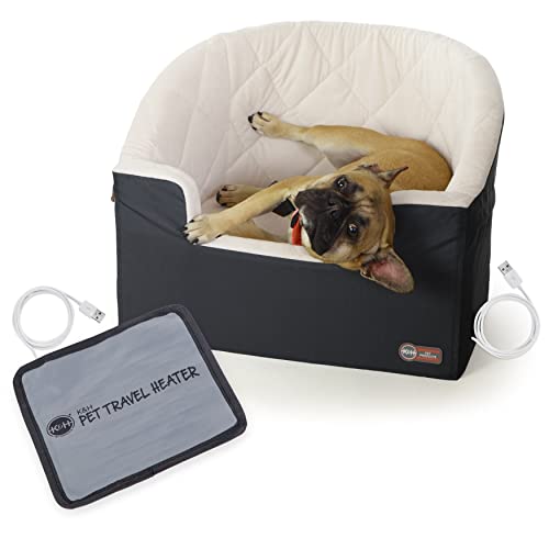 K&H Pet Products Bucket Booster Dog Seat with Safety Leashes, Washable, Sturdy for Small, Medium Dogs - Heated Charcoal/Cream