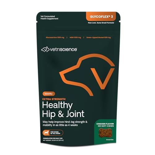 VetriScience Extra Strength Healthy Hip & Joint Chews, GlycoFlex Glucosamine & Green-Lipped Mussel Joint Support Supplement for Dogs, Promote Mobility & Soothe Joint Discomfort, Chicken, 1...