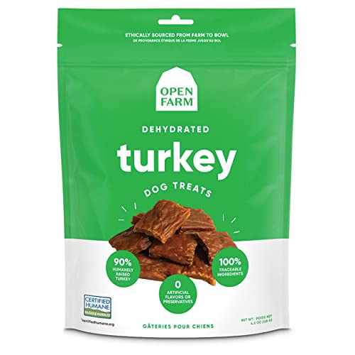 Open Farm, Dehydrated Dog Treats, High Protein & Low Carbohydrate Dog Snacks, Chewy Texture, Made with Ethically & Sustainably Sourced Ingredients, Turkey Recipe, 4.5oz Pouch