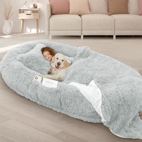 ROOMTEC Human Dog Bed, 71''x45''x12'' Size Fits Adult and Pet Washable Giant People Dog Bed 10 CM Thick Memory Foam Large Oversize Dog Bed with Plump Pillow, Blanket, Str...