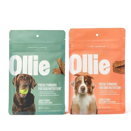 Ollie Jerky Dog Treats Variety Pack, Chicken and Apple and Beef and Sweet Potato Bundle, All Natural, Healthy, Made with Real Meat 10 Oz. Pack of 2