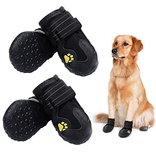PK.ZTopia Waterproof Dog Boots, Dog Outdoor Shoes, Dog Rain Shoes, Running Shoes for Medium to Large Dogs with Two Reflective Fastening Straps and Rugged Anti-Slip Sole (3.35" x3.15",Black 4...