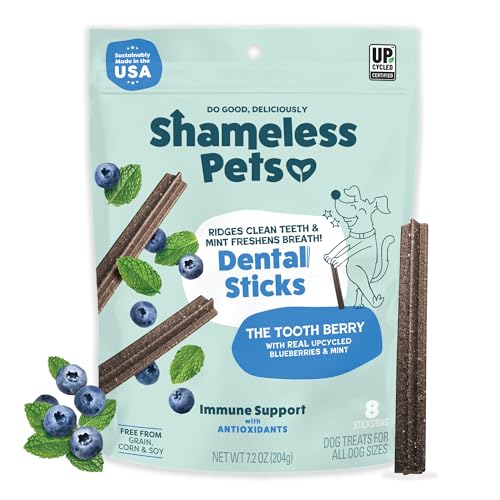 Shameless Pets Toothberry Dental Chews for Dogs Natural Dog Dental Sticks for Fresh Breath, Teeth Cleaning & Removes Tartar, Grain-Free Dog Treats, No Corn or Soy
