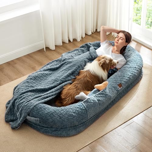 ChiXnuggle Human Dog Bed for Adult - Luxury Faux Fur Giant Size Dog Bed with Portable Handle, Egg Orthopedic Foam Bed with Blanket, 72"x40"x10", Grayish Blue