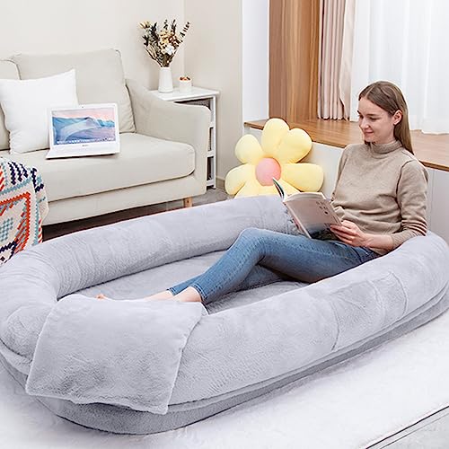 Ultra-Soft Human Size Dog Bed for People and Pets; 77 x51 x11 Extra Large Dog Bed with Raised Cushioned Rim, Removable Cover, Waterproof Lining and Bonus Blanket (77"x51"x11", Grey)