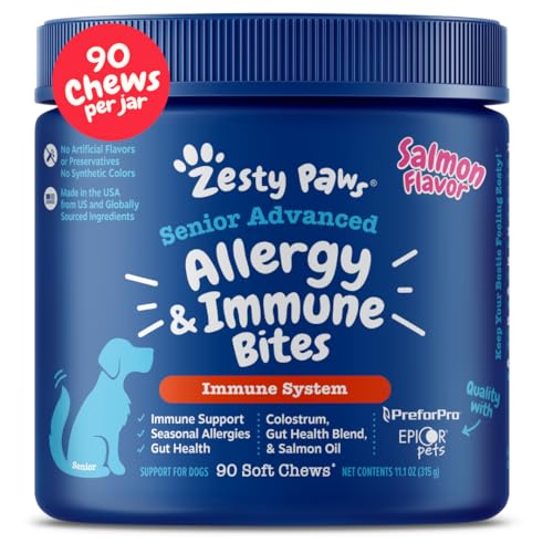 Zesty Paws Dog Allergy Relief - Anti Itch Supplement - Omega 3 Probiotics for Dogs - Digestive Health - Soft Chews for Skin & Seasonal Allergies - with Epicor Pets - Senior - Salmon - 90 Count