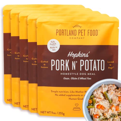 Portland Pet Food Company Hopkin's Pork N Potato Wet Dog Food Pouches - Human-Grade, Grain-Free Dog Food Toppers, Mixers, and Meals for Dogs - Fresh Dog Food Made in The USA - 5-Pack