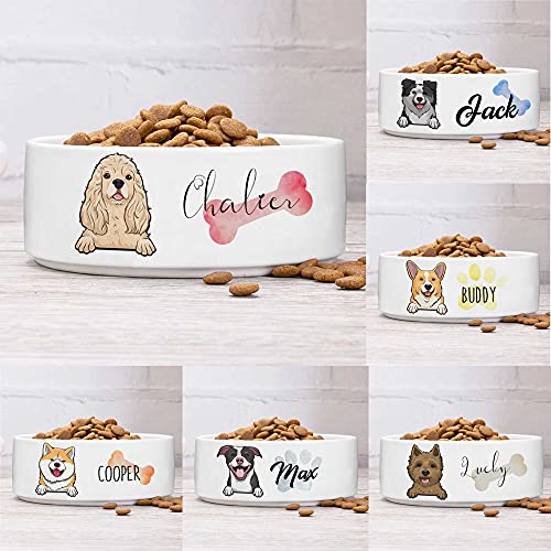 Personalized Dog Bowl for Small Size Dogs - Custom 5'' Round 2" Tall Cute Ceramic Dog Food & Water Bowl, Small & Medium Pet Dish for Wet Food, Customized Name & Breeds Feedi...