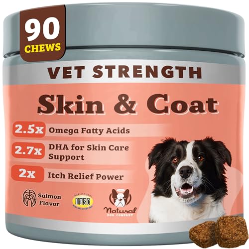 Natural Dog Company Omega Skin & Coat Chews, Vet Strength Supplement, Itchy Skin Relief, Moisture Balance & Coat Hydration, Biotin & Vitamin E, Dry Skin Care, Vet-Recommended, USA Made, 90...
