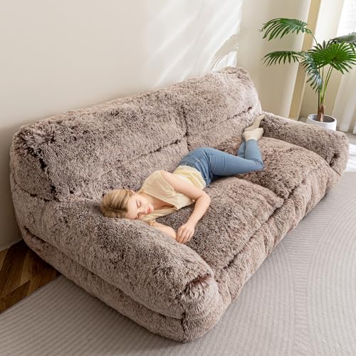 HIGOGOGO Giant Human Dog Sofa Bed, Big Comfy Floor Sofa Couch for Pet Families with Foam Chunk Supportive Mat, Fluffy Faux Fur Orthopedic Dog Bed for Human, XXXL Size, Snow Coffee