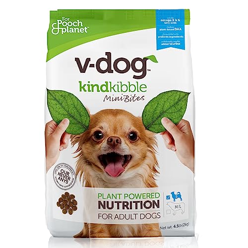 V-dog Vegan Mini Kibble Dry Dog Food (4.5 LB) Small Breed Dogs | Plant-Based Protein with Added Taurine for Sensitive Stomach and Skin | All Natural Made in US