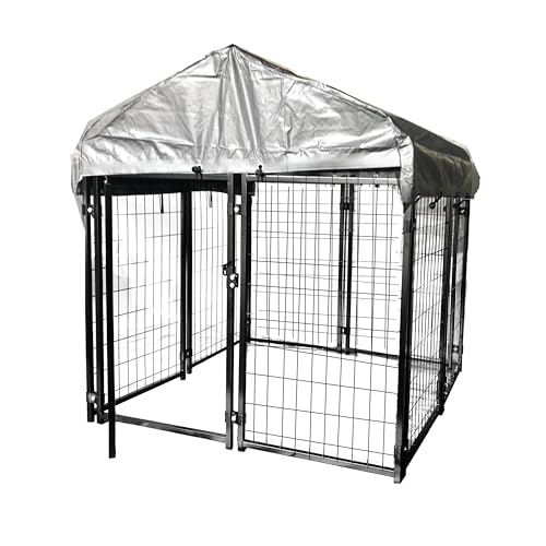 ALEKO Expandable Dog Kennel Playpen | Indoor Outdoor Pen for Small/Medium/Large Puppy/Dog | 5x5x3 ft. Large Galvanized Steel | Anti-Rust | Portable Travel | 5Lx5Wx4.4H ft. with Roof and Rain Cover