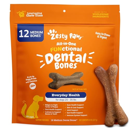 Zesty Paws Dental Bones - Fights Tartar & Plaque - Gum, Teeth & Bone Health - Cinnamon for Dog Breath - Immune, Joint, Gut, Skin & Coat Support - Omega 3 EPA & DHA and Calcium - Medium...