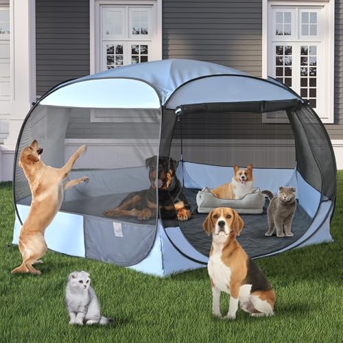 XXLarge Popup Portable Dog Houses, 10'x4.8'H Assembly-Free Gazebo-Style Kennel Dog Playpen Pet Screen Tent Sun Shade Shelter, Dog Crates Canopy for Travel Camping Anti-Bugs with Leakproof Bo...