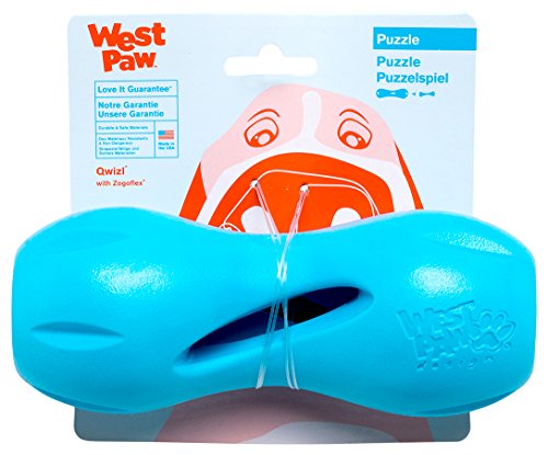 West Paw Zogoflex Qwizl Dog Puzzle Treat Toy Interactive Chew Toy for Dogs Dispenses Pet Treats Brightly-Colored Dog Enrichment Toy for Aggressive Chewers, Fetch, Catch, Large 6.5", Aqua Blue