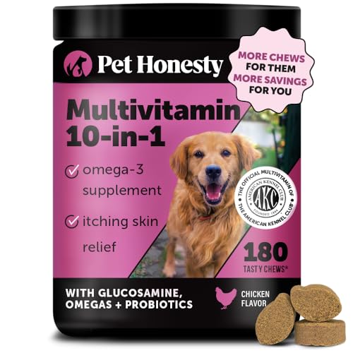 Pet Honesty Dog Multivitamin - 10 in 1 Dog Vitamins for Health & Heart - Omega Fish Oil, Glucosamine & Probiotics - Dog Vitamins and Supplements for Skin and Coat (Chicken 180 ct)