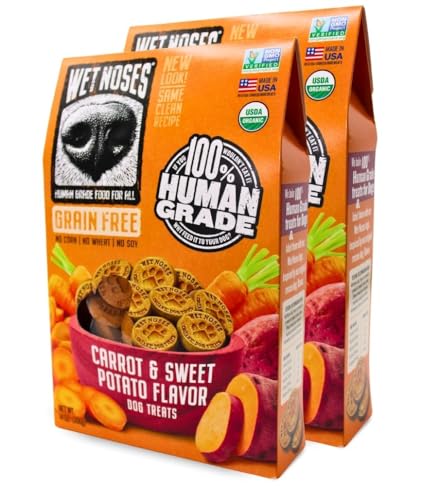 Wet Noses Grain-Free Organic Crunchy Dog Treats for All Pet Sizes, Breeds All-Natural Treat 100% Human-Grade Delicious Snacks for Dogs 14 Oz., Grain Free Carrot Sweet Potato, 2 X 14oz Box