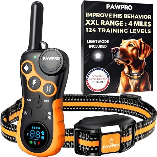 Dog Shock Collar with Remote, Unmatched 4-Mile Range, Night-Light Mode, Training Guide Included, 124 Training Levels & 4 Modes, Beep Vibration Shock, Waterproof Rechargeable, Fits All Dogs (1 Coll...