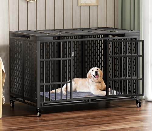 Snuowu 54/48/42/38 Inch Heavy Duty Dog Crate with Wheels, Folding Metal Big Dog Cage for Large and Medium Dogs, Extra Large XL XXL Indestructible Dog Crate with Removable Tray.