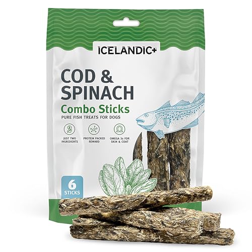 Icelandic+ Combo Sticks: Cod & Spinach - 6pk Wild-Caught Fish Dog Treats, 2oz Bag, 2 Simple Ingredient Pet Snacks, Skin-Coat Health, Natural Pet Chews