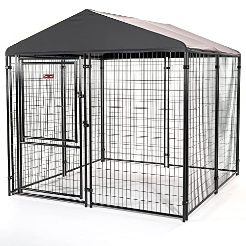Lucky Dog Stay Series 8 x 8 Feet Executive Black Powder Coat Steel Frame Outdoor Dog Kennel with Waterproof Canopy Roof and Single Gate Door, Grey