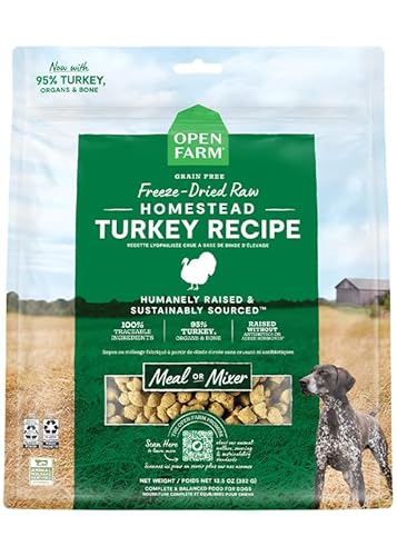 Open Farm Freeze Dried Raw Dog Food, Humanely Raised Meat Recipe with Non-GMO Superfoods and No Artificial Flavors or Preservatives (22 Ounce (Pack of 1), Homestead Turkey Recipe)